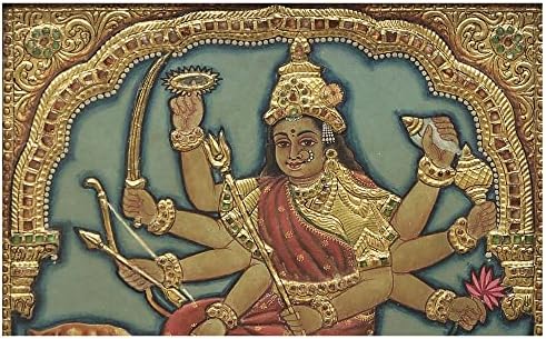 אלת הודו האקזוטית דורגה טנג'ור ציור | צבעים מסורתיים עם זהב 24 קראט | מסגרת עץ טיק | זהב ועץ | ח